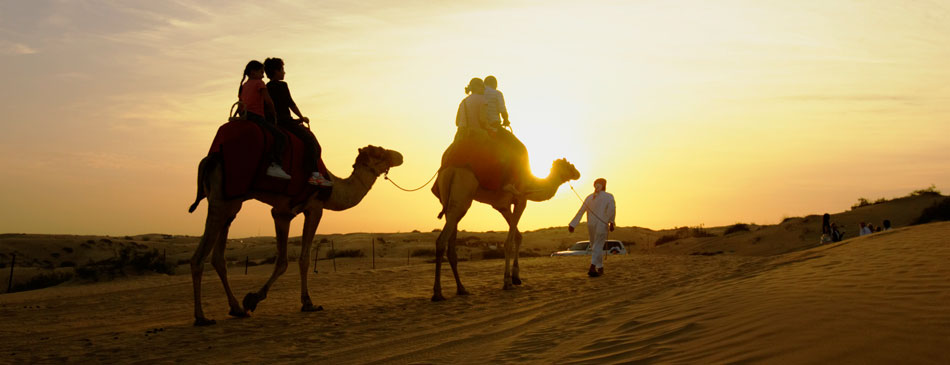 Family riding Camels on an expedition